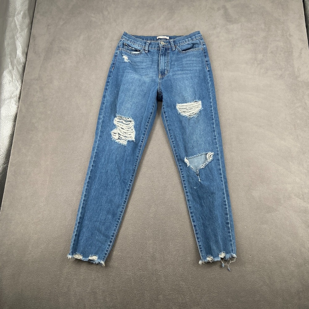SO Mom Jeans Womens 7/28W Blue Denim Frayed Hem Distressed High Rise Whiskering